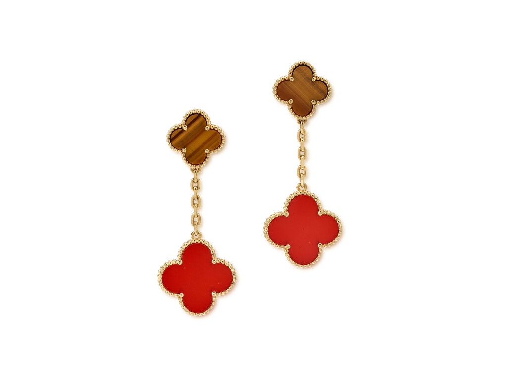 View full screen - View 1 of Lot 1624. "Alhambra" Pair of Carnelian and Tiger's Eye Pendent Ear Clips | 梵克雅寶 | "Alhambra" 紅玉髓 配 虎眼石 耳夾一對.