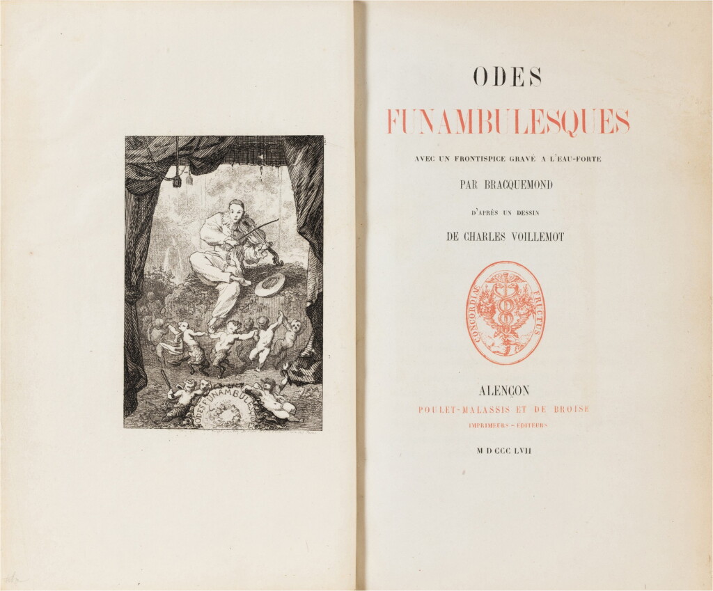 View full screen - View 1 of Lot 35. Odes funambulesques. Alençon, 1857. Édition originale (1/2 maroquin brun). + l.a.s., 1875.