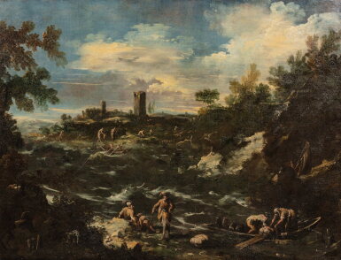View full screen - View 1 of Lot 128. River landscape | Paysage fluvial animé .