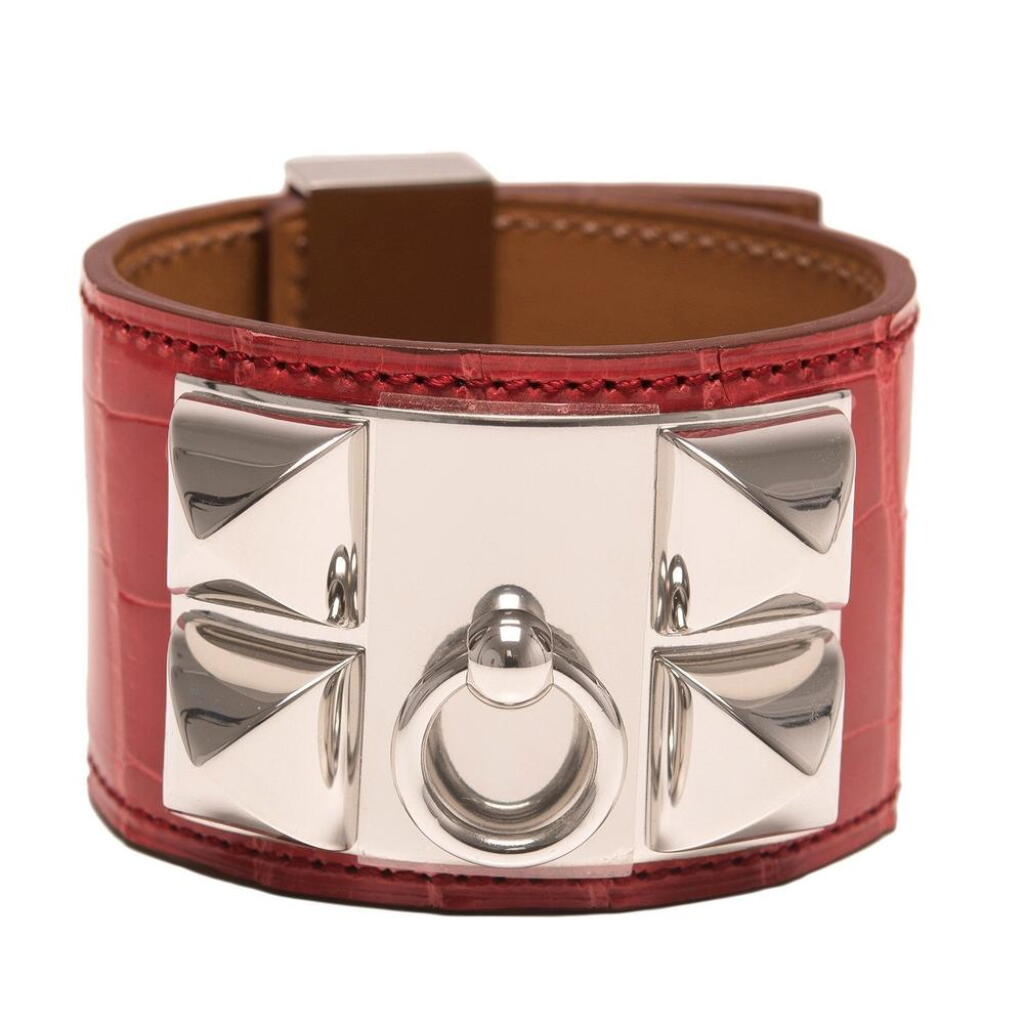 View full screen - View 1 of Lot 94. Hermès Bougainvillier Collier De Chien (CDC) Bracelet of Mississippiensis Alligator with Palladium Hardware Size Small.