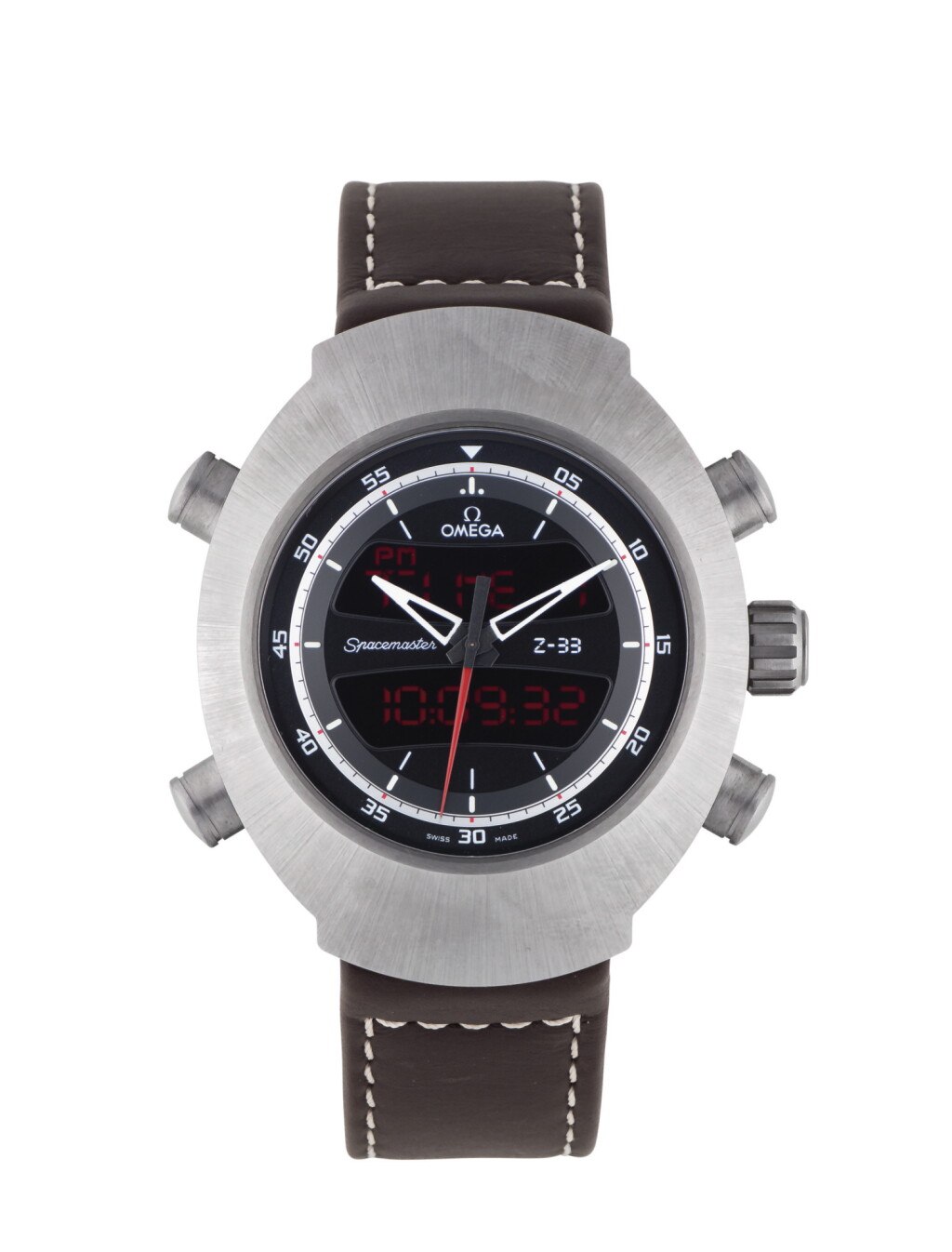 View full screen - View 1 of Lot 36. OMEGA | SPACEMASTER Z-33, REF 32592437901002 TITANIUM PERPETUAL CALENDAR CHRONOGRAPH WRISTWATCH WITH ALARM AND SECOND TIME ZONE CIRCA 2012.