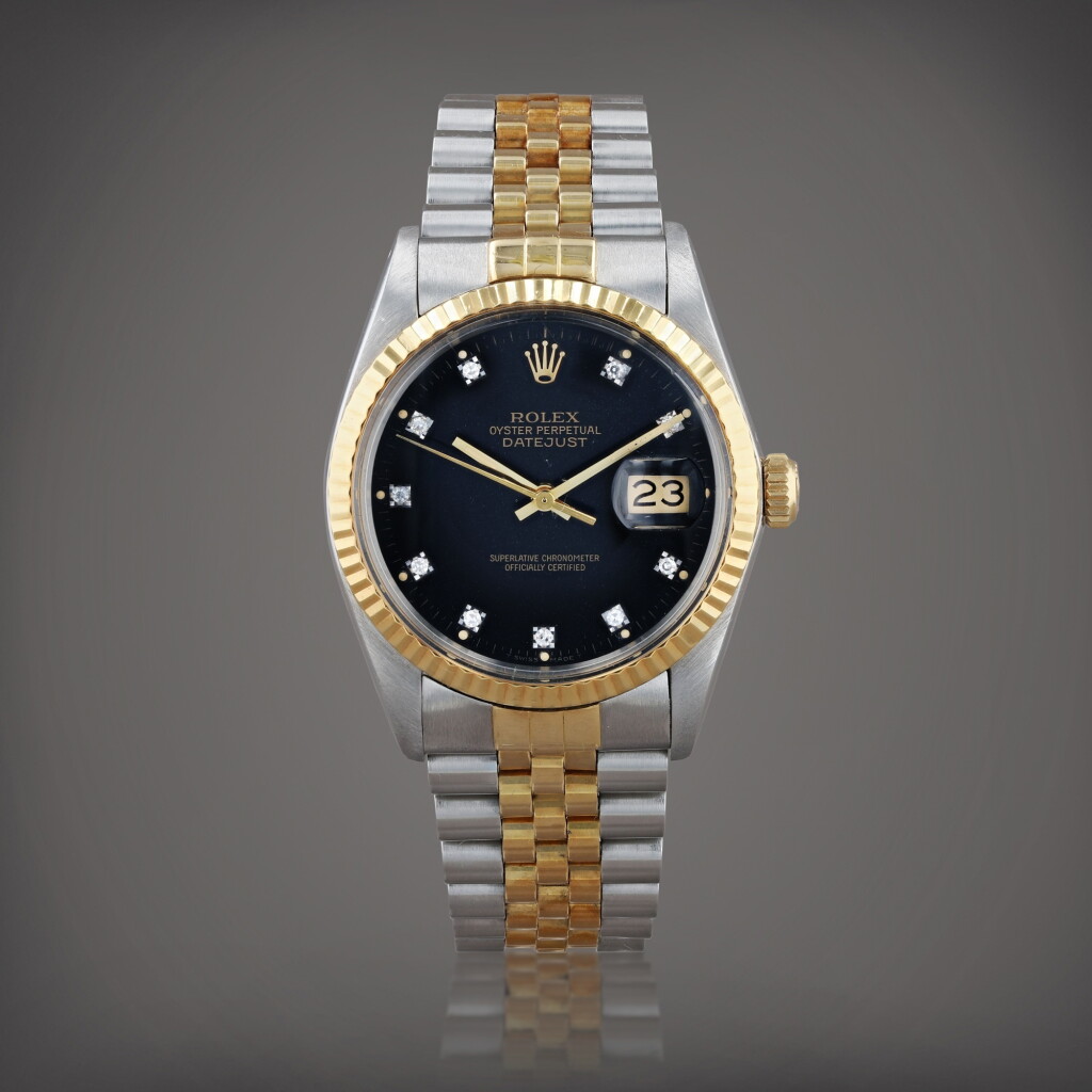 Voir en plein écran - Voir 1 du lot 421. Datejust, reference 16013 Montre bracelet en acier et or jaune avec date et index diamant | Stainless steel and yellow gold wristwatch with diamond indexes, date and bracelet Vers 1986 | Circa 1986.