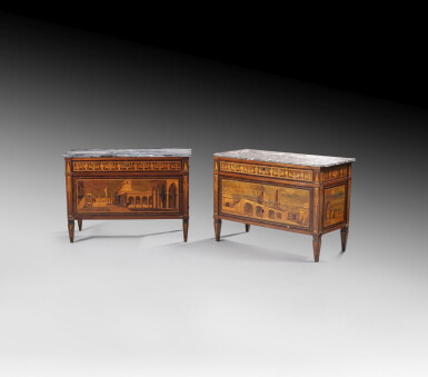View full screen - View 1 of Lot 42. A pair of marquetry commodes, Lombardia, early 19th century, circa 1810 in attributed to Giovanni Maffezzoli | Paire de commodes en marqueterie, travail italien, Lombardie, du début du XIXe siècle, vers 1810, attribuée à Giovanni Maffezzoli.