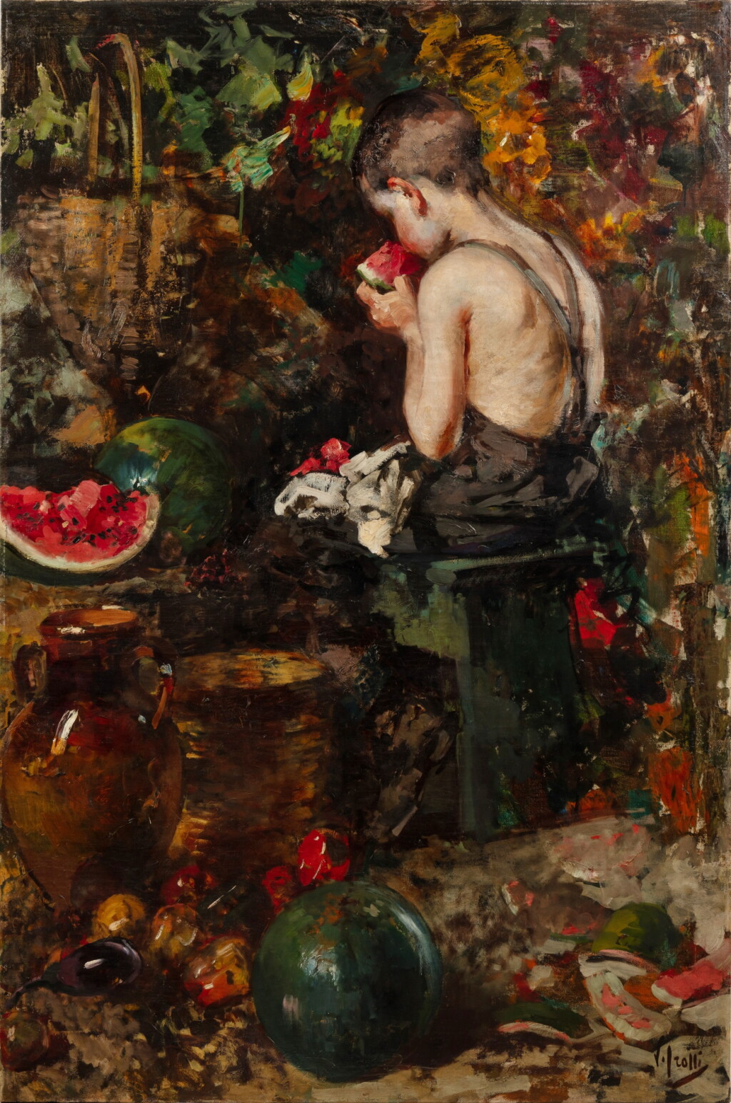 View full screen - View 1 of Lot 216. A young boy eating a watermelon.