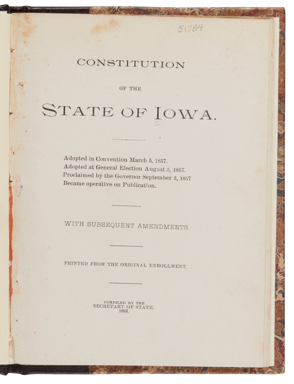 View full screen - View 1 of Lot 117. Iowa | Containing the text of Iowa's second constitution.
