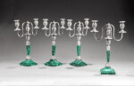 Ensemble de quatre candélabres à deux lumières en argent et malachite, fin du XIXe siècle