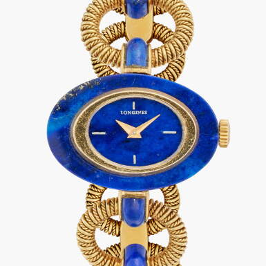 View full screen - View 1 of Lot 159. A yellow gold and lapis lazuli bracelet watch, Circa 1970.