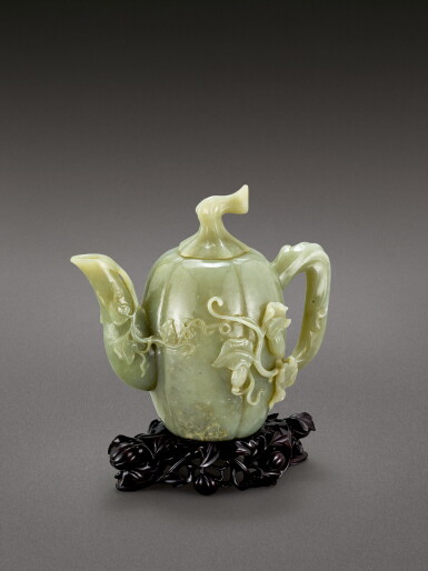 View full screen - View 1 of Lot 2072. A celadon jade 'melon' teapot and cover Qing dynasty, 19th century | 清十九世紀 青玉瓜瓞綿綿茶壺 .