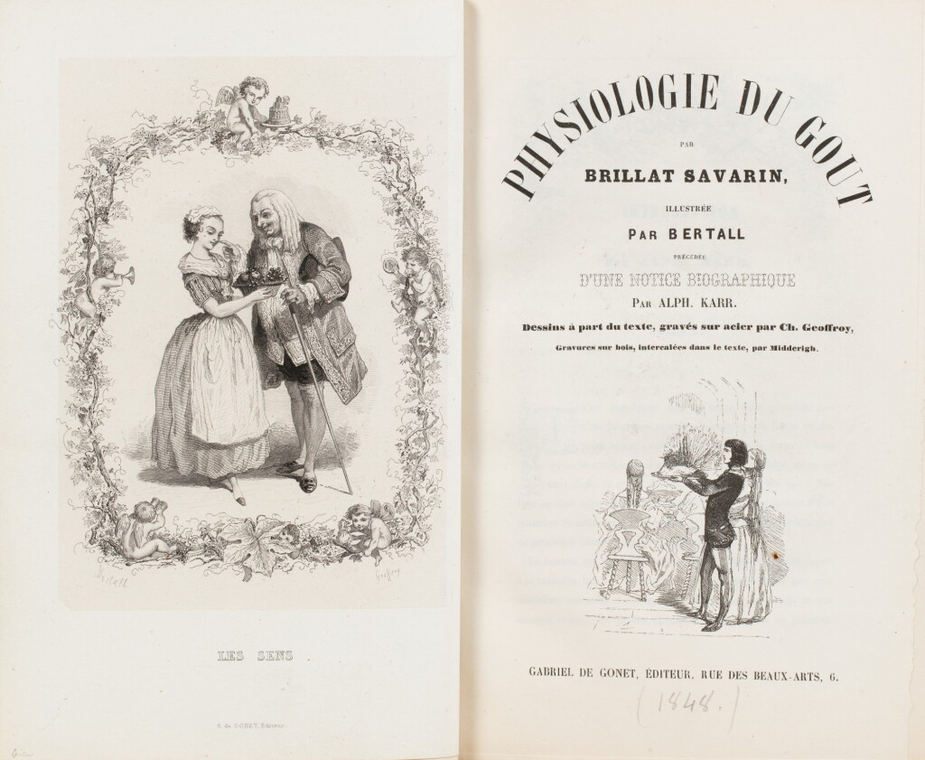 View full screen - View 1 of Lot 18. BRILLAT-SAVARIN. Physiologie du goût. 1848. Demi-maroquin orangé. 1er tirage. Illustrations de Bertall..