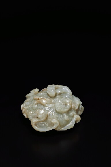 View full screen - View 1 of Lot 462. A pale green jade 'chilong' paperweight, Ming / early Qing dynasty | 明 / 清初 青玉雕穿雲螭龍紋鎮紙 .