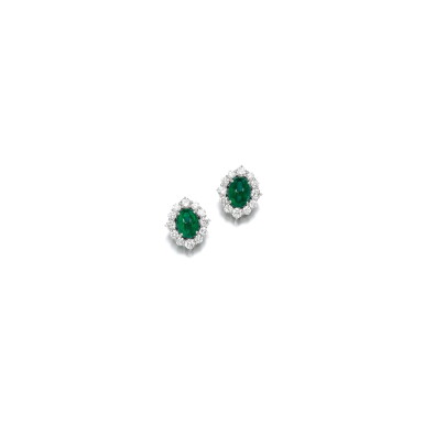 View full screen - View 1 of Lot 190. PAIR OF EMERALD AND DIAMOND EARRINGS.