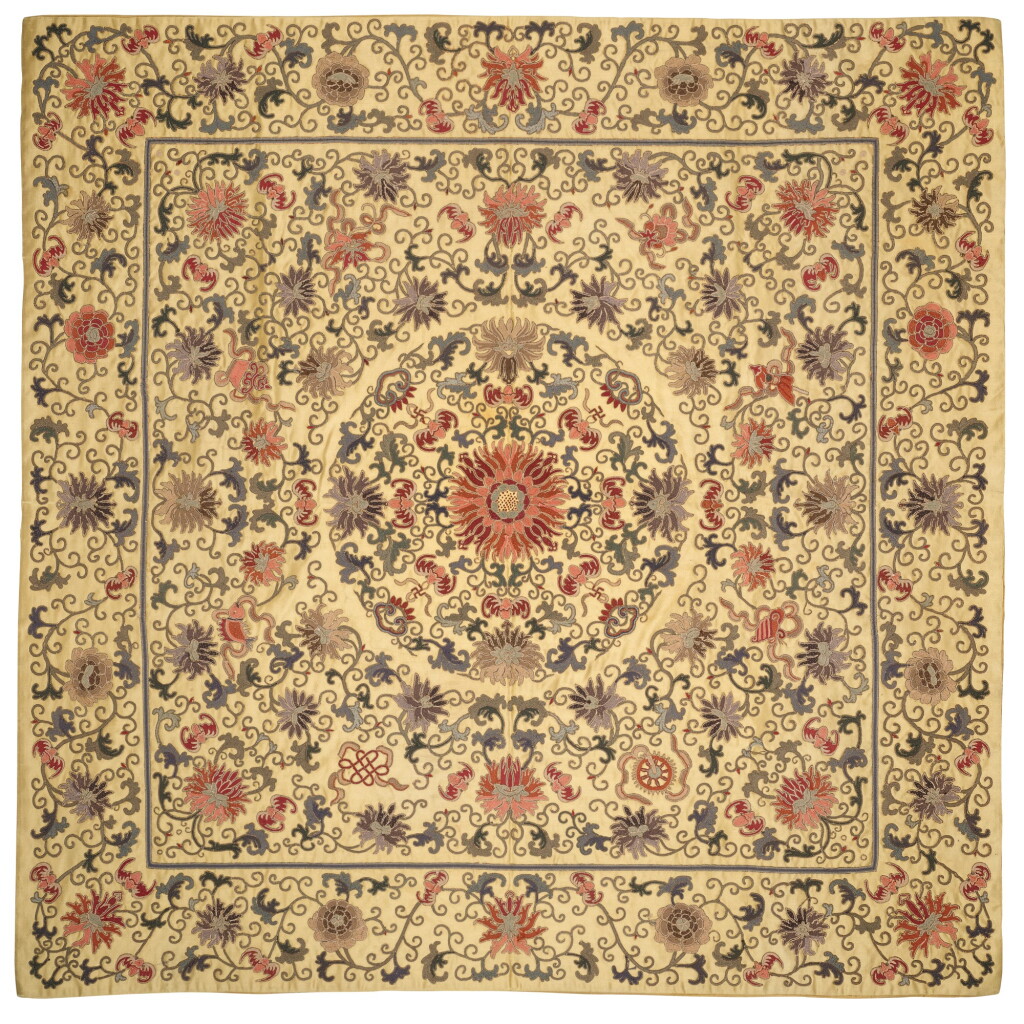 View full screen - View 1 of Lot 32. A LARGE IMPERIAL YELLOW-GROUND EMBROIDERED SILK PANEL, QING DYNASTY, 18TH/19TH CENTURY | 清十八/十九世紀 黃地花卉紋繡片.
