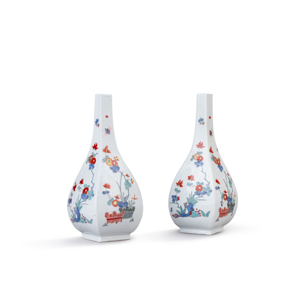 View full screen - View 1 of Lot 358. A pair of Meissen porcelain Kakiemon quadrangular sake bottles, circa 1730-35.