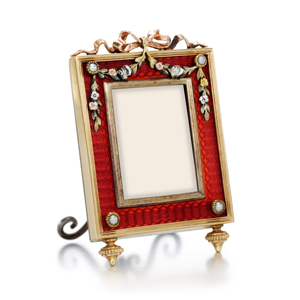 View full screen - View 1 of Lot 5. A Fabergé varicoloured gold and silver-mounted guilloché enamel miniature frame, workmaster Viktor Aarme, St Petersburg, 1899-1903.
