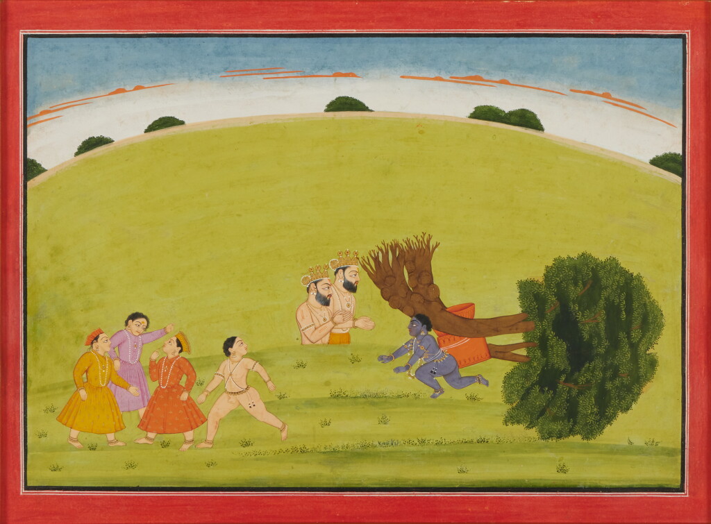 View full screen - View 1 of Lot 199. An illustration of the 'large' Guler-Basohli Bhagavata Purana series: The Liberation of Nalakuvara and Manigrivua, Attributed to Manaku, Guler-Basohli,circa 1760 - 1765.