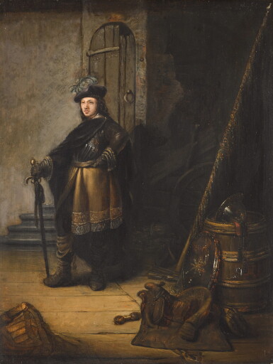View full screen - View 1 of Lot 68. An officer standing in a guardroom before a doorway, with a still life of a barrel, a shield, a saddle and a flag in the foreground.