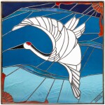 A stained glass square panel depicting a white crane signed Mari, 20th century