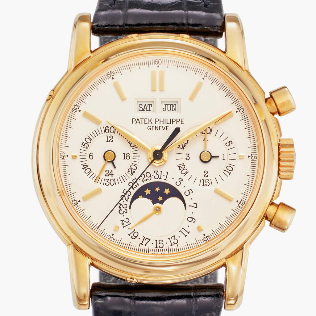 View full screen - View 1 of Lot 167. Reference 3970E '2nd Series' | A yellow gold perpetual calendar chronograph wristwatch with moon phases, leap year, and 24-hour indication, Made in 1991.