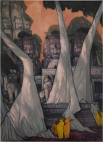 Khmer Temple Scene with Monks