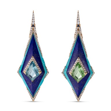 View full screen - View 1 of Lot 20. Pair of lapis lazuli, turquoise, beryl and diamond earrings.