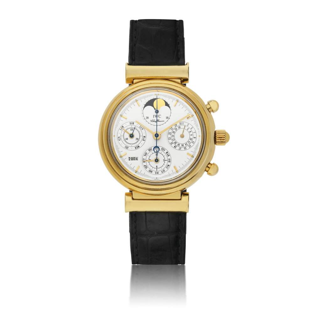 View full screen - View 1 of Lot 81. IWC | REF 3750 DA VINCI, A YELLOW GOLD PERPETUAL CALENDAR CHRONOGRAPH WRISTWATCH CIRCA 1990.