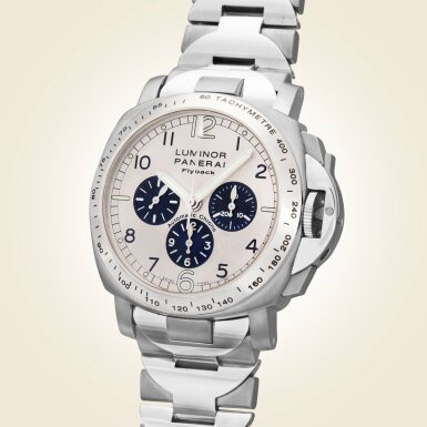 View full screen - View 1 of Lot 315. Reference PAM00060 Luminor Flyback | A limited edition titanium automatic fly back chronograph wristwatch with bracelet, Circa 2000.