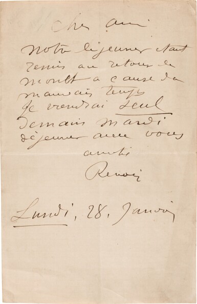 View full screen - View 1 of Lot 100. Renoir | Autograph letter signed, to a friend, mentioning Monet, 28 January.