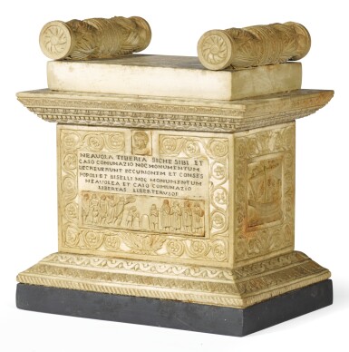 View full screen - View 1 of Lot 93. A RELIEF-CARVED MARBLE 'GRAND TOUR' MODEL OF THE TOMB OF NÆVOLEIA TYCHE, ITALIAN, SECOND QUARTER 19TH CENTURY.