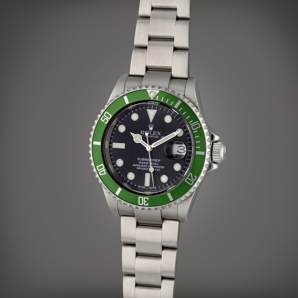 View full screen - View 1 of Lot 258. Reference 16610 T Submariner ‘Kermit Flat 4’ | A stainless steel automatic wristwatch with date and bracelet, Circa 2003.