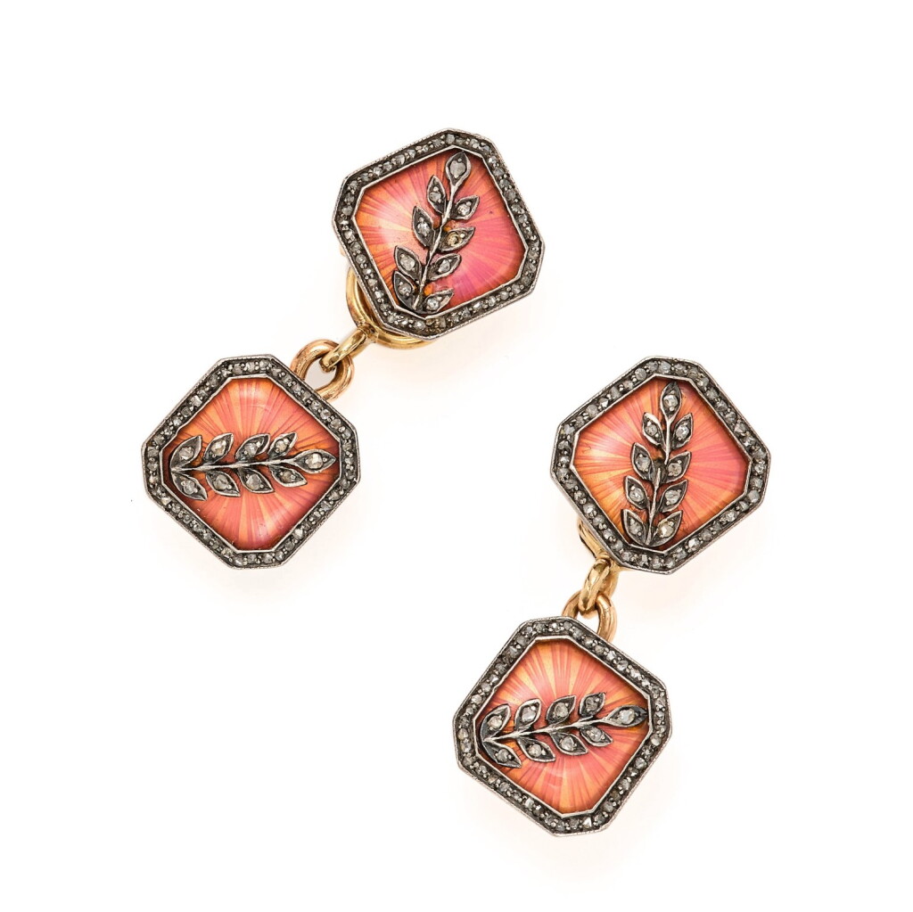 View full screen - View 1 of Lot 1286. A pair of Fabergé jewelled gold and guilloché enamel cufflinks, workmaster August Hollming, St Petersburg, 1899-1908.