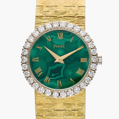 View full screen - View 1 of Lot 527. Reference 9190 A6 | A yellow gold and diamond-set bracelet watch with malachite dial, Circa 1970.