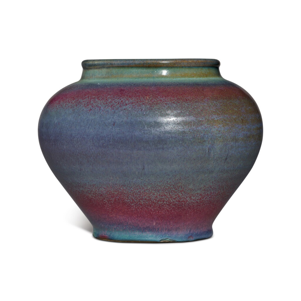View full screen - View 1 of Lot 197. A 'Jun' purple-splashed jar, Yuan / Ming dynasty | 元 / 明 鈞窰天藍釉紫斑罐.