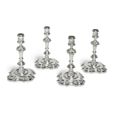 View full screen - View 1 of Lot 214. A SET OF FOUR GEORGE II SILVER CANDLESTICKS, GEORGE WICKES, LONDON, 1739.