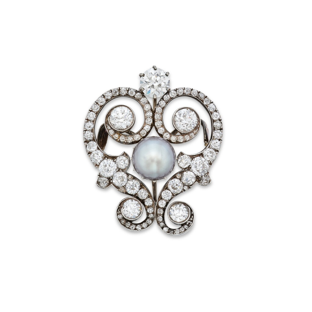 View full screen - View 1 of Lot 61. Silver-Topped Gold, Natural Pearl and Diamond Pendant-Brooch.