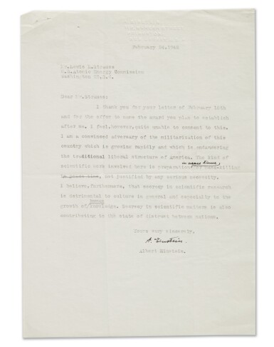 View full screen - View 1 of Lot 20. EINSTEIN TLS TO STRAUS | ON HIS OPPOSITION TO THE MILITARIZATION OF THE US, 24 FEB 1948.