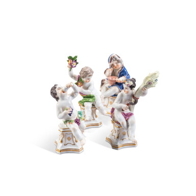 View full screen - View 1 of Lot 637. A set of four Meissen porcelain allegorical figures of putti, emblematic of the Seasons, circa 1750-55.