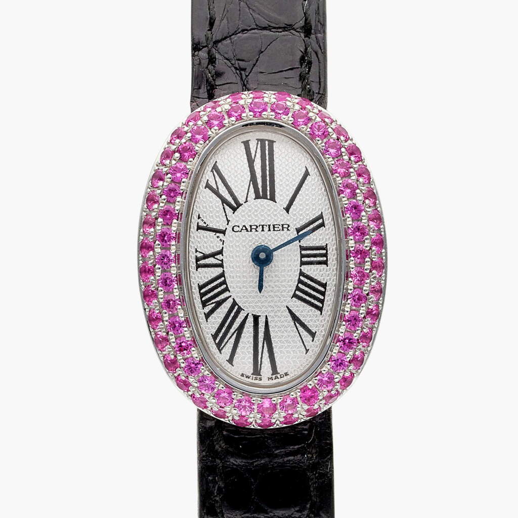 View full screen - View 1 of Lot 459. Reference 2369 Mini Baignoire | A white gold and pink sapphire-set wristwatch, Circa 2002.
