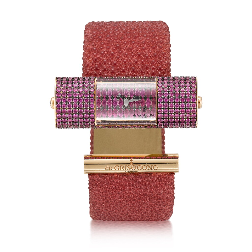 View full screen - View 1 of Lot 8152. De Grisogono | Lipstick, Reference CYS08, A pink gold and pink sapphire-set bangle watch, Circa 2012 | Lipstick 型號CYS08 粉紅金鑲粉紅鑽石腕錶,約2012年製.