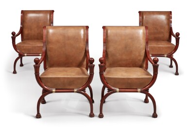 View full screen - View 1 of Lot 148. A Set of Four Directoire Mahogany Fauteuils en Curule Attributed to Georges Jacob, After a Design by Charles Percier, Circa 1800.