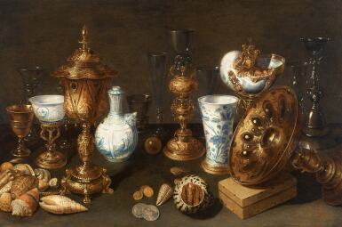 View full screen - View 1 of Lot 188. Still life with shells, nautilus cup, vases, glasses and coins.