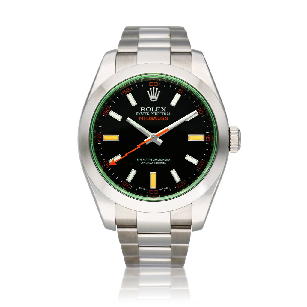 View full screen - View 1 of Lot 33. Reference 116400GV Milgauss | A stainless steel automatic antimagnetic wristwatch with green sapphire crystal and bracelet, Circa 2008.