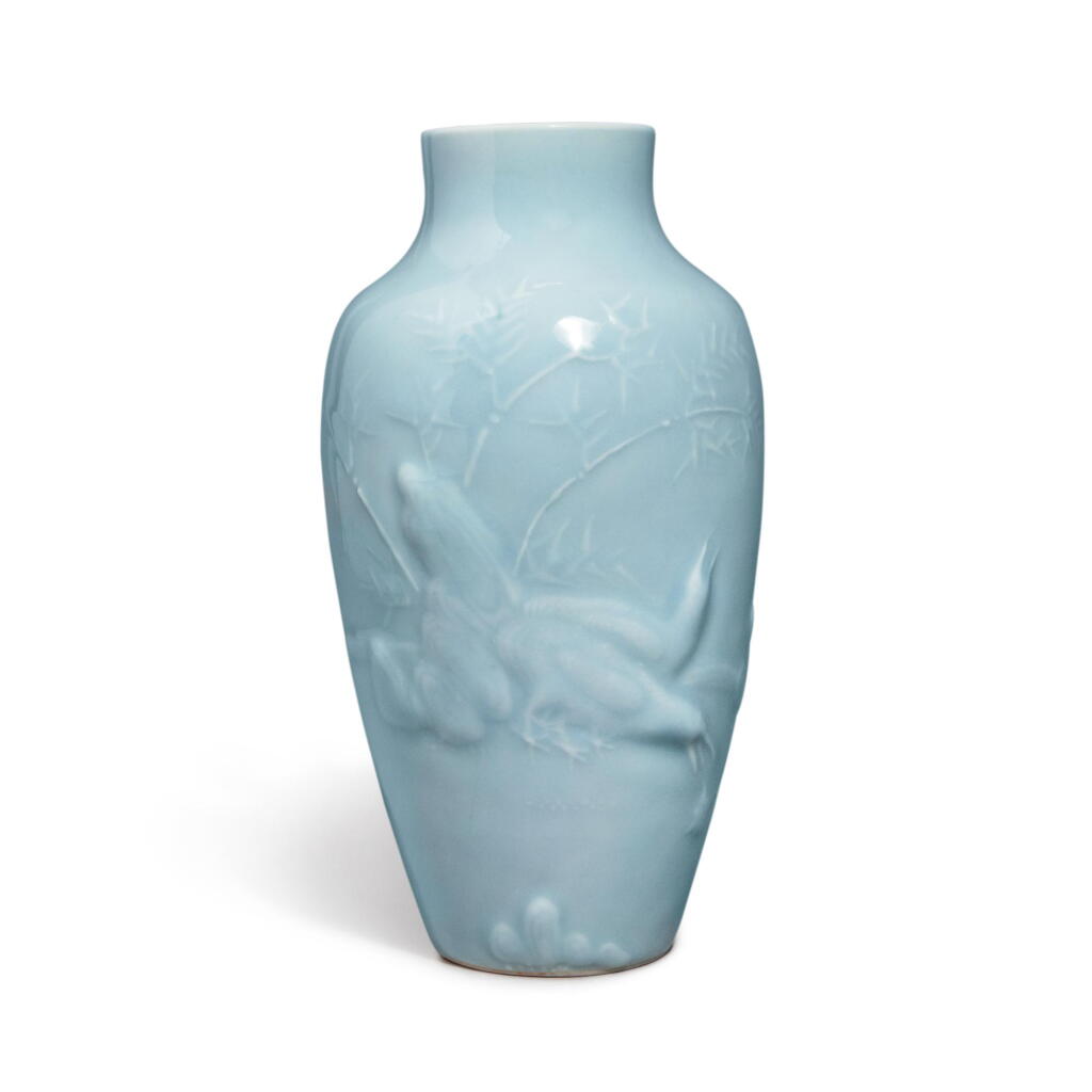 View full screen - View 1 of Lot 919. A molded 'clair-de-lune'-glazed 'quails' vase, Republic period | 民國 天藍釉浮雕竹石鵪鶉圖瓶 《慎德堂製》款.
