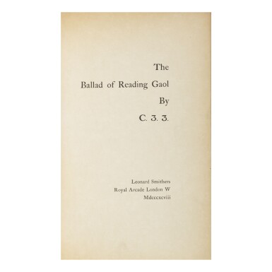 View full screen - View 1 of Lot 104. OSCAR WILDE | THE BALLAD OF READING GAOL BY C. 3. 3. LONDON: LEONARD SMITHERS, 1898.