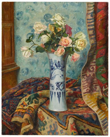 View full screen - View 1 of Lot 483. GEORGES DANIEL DE MONFREID | VASE DE ROSES AUX TAPIS D'ORIENT.