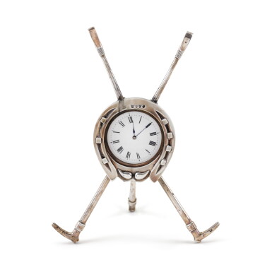View full screen - View 1 of Lot 74. A cased novelty Victorian silver horse equipage clock , retailed by Henry Lewis, London, 1886.