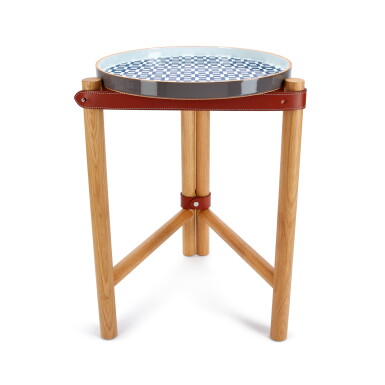 View full screen - View 1 of Lot 6219. Oak, Bleu and White Porcelain and Bridle Leather Les Trotteuses d'Hermes Small Occasional Table.