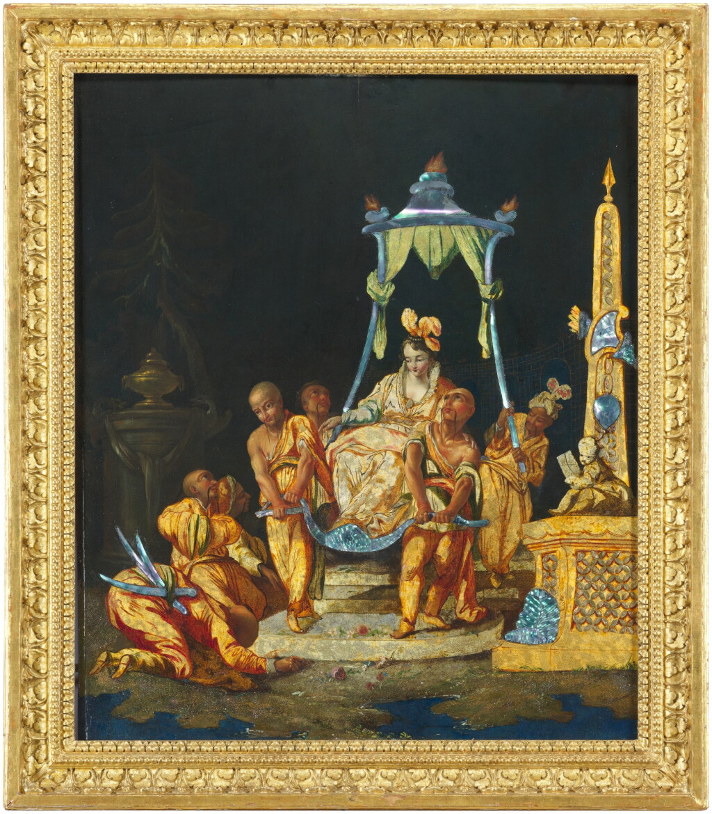View full screen - View 1 of Lot 26. 'The Princess and the Circassians': Oil on panel with mother-of-pearl and metal inlay, Paris, 18th century.