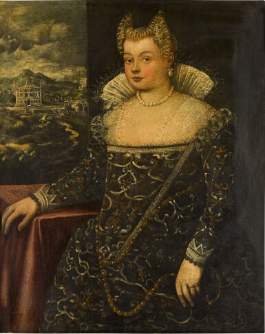 View full screen - View 1 of Lot 314. Portrait of a lady, traditionally identified as Rita Bellesi, three-quarter length, wearing elaborate Venetian dress, standing beside a table, a villa beyond.