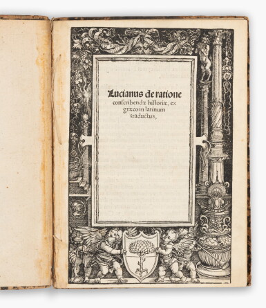 View full screen - View 1 of Lot 440. (Durer, Albrecht) — Lucianus of Samosata — Willibald Pirckheimer (trans.) | An ornamental woodcut titlepage by Durer.