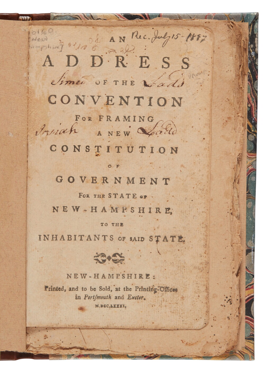 View full screen - View 1 of Lot 160. New Hampshire | The first proposed constitution.